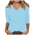 thumbnail image 1 of Womens Tops V Neck Solid Color Casual Summer Basic Top Long Sleeve Basic Shirts for Women Light Blue L, 1 of 4