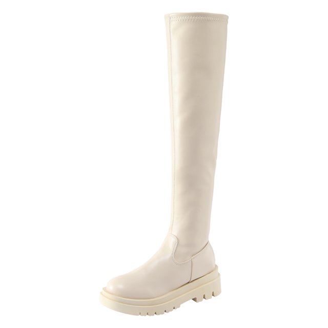 B91xZ Bottes Hauteur Genou Femmes Mollet Grand Femmes Fermeture Éclair Bout Rond Talon Bloc à Lacets Bottes à Talons, Beige 8