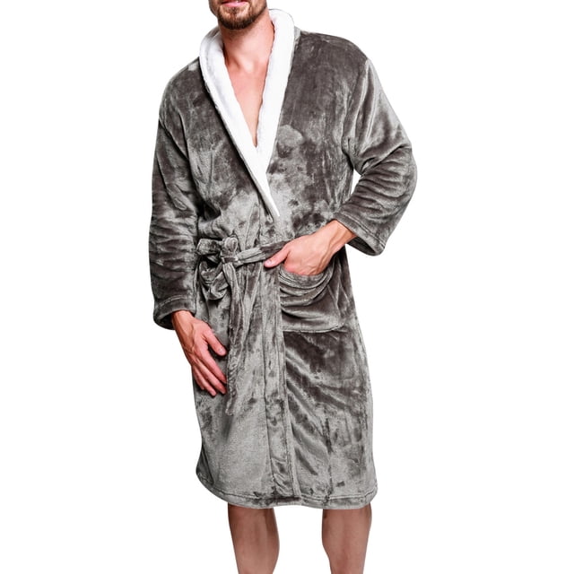 HBFAGFB Mens Bathrobe Plush Pajama Long Sleeves Softness Warm Flannel Robe with Pockets A Size M