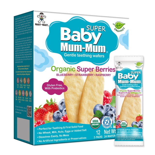 Baby Boîte de Biscottes de Riz Bio Mum-Mum Super Berries avec Gaufrettes Douces pour la Poussée Dentaire, Faites de Riz Japonaise de Qualité Supérieure, Sans gluten et avec Prébiotiques, Comprenant des Saveurs de Bleuet, de Fraise et de Framboise, 12 Emballages Individuels de 2, Certifié Biologique USDA, Convient à la Poussée Dentaire et au Premier Aliment Solide Sans Allergènes Communs Ni Sel Ajouté.