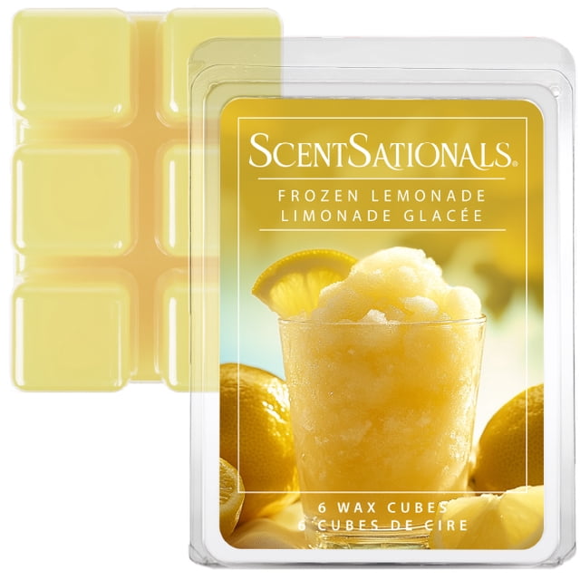 ScentSationals Scented Wax Cubes - Frozen Lemonade showing six pale yellow wax cubes in a clear plastic clamshell with a label featuring a frozen lemonade drink garnished with a lemon slice, designed for use in electric wax warmers to release a refreshing citrus scent without flame or soot residue.