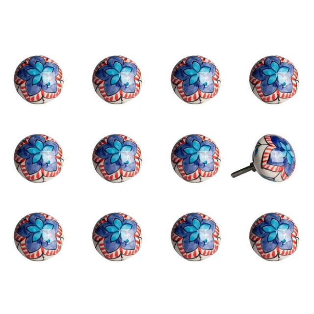 KNOB-IT VINTAGE HANDPAINTED CERAMIC KNOBS (12-Pack) K3511 showing twelve round ceramic knobs with a handpainted blue flower design and red accents, each 1.5-inch diameter knob includes a 1.25-inch bolt that can be trimmed for installation on cabinets, drawers, or cupboards, one knob is displayed sideways to reveal the bolt and nut hardware.