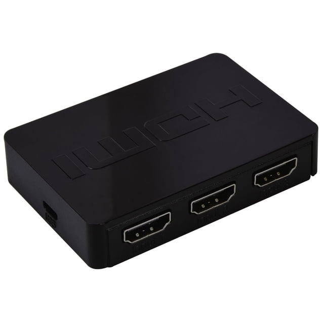 RCA 3-In 1-Out 4K HDMI Switch Box in black with a matte finish, featuring three HDMI input ports labeled Input 1, Input 2, and Input 3, and a micro-USB power port on the side, supporting 2160p 4K video and digital audio signals, ideal for switching between multiple HDMI sources in home entertainment setups.