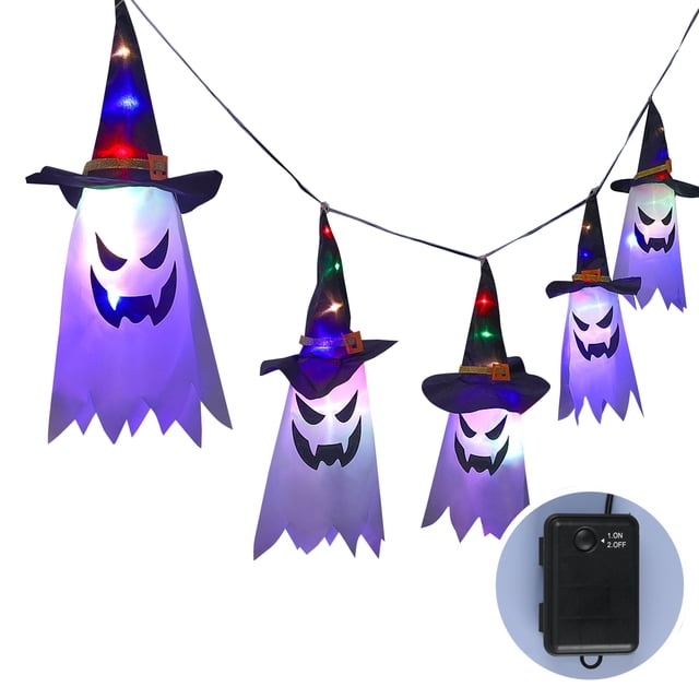 Mistaha 5PCS Halloween Witch Hat Hanging Light Ghost Wizard Hat Shaped LED Ghost Lamp Battery-Powered