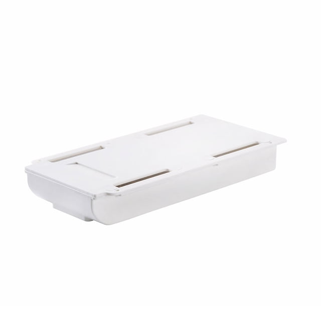 Desk Organizers and Storage Drawers Self Stick Pencil Tray Desk Table Storage Drawer Organizer Box under Desk Stand. A white, rectangular ABS plastic storage drawer with a hidden design for under-desk installation. Features a self-adhesive backing for easy attachment and a large storage capacity for items like pens, scissors, and mobile phones. Durable and wear-resistant for daily use.