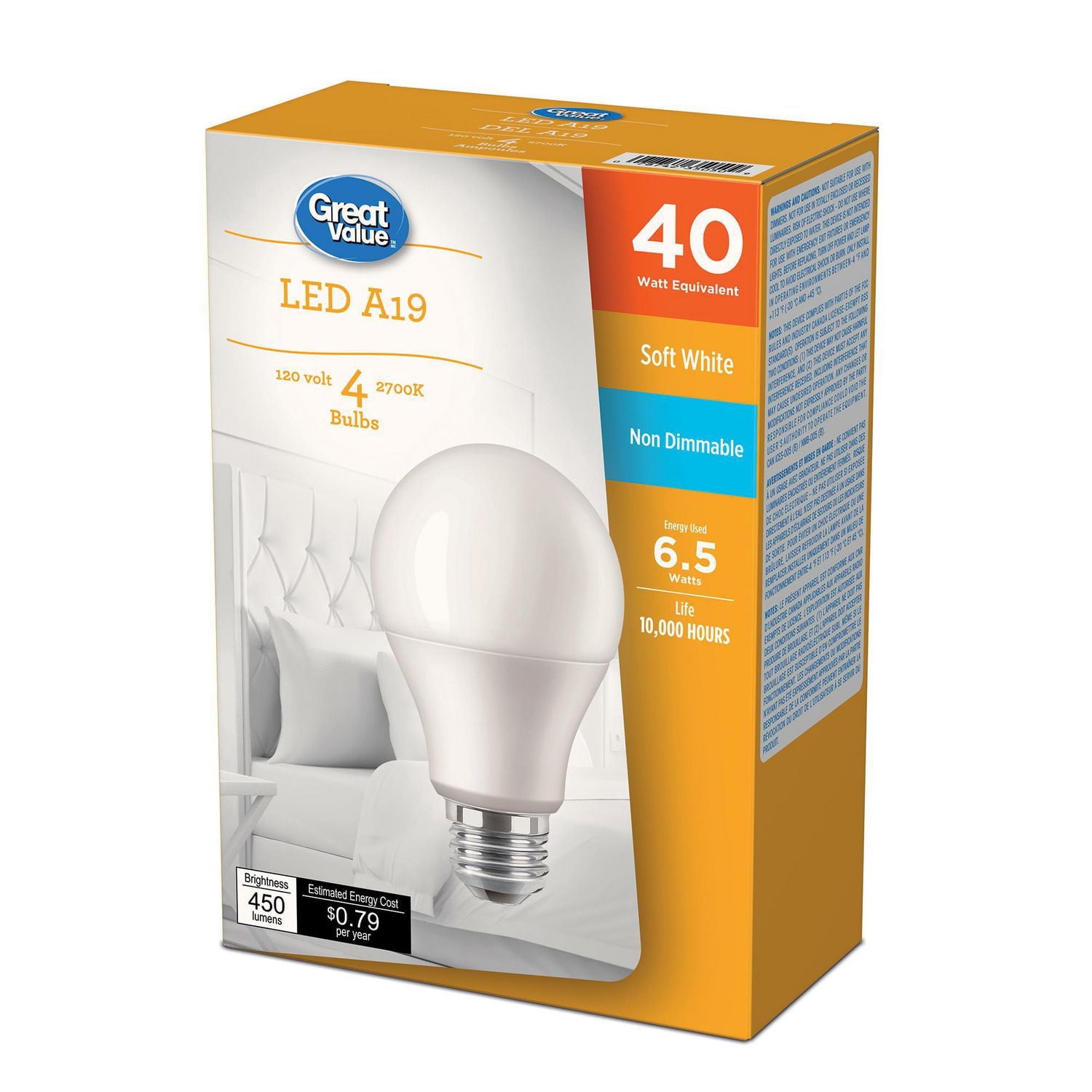 Great Value 40W A19 Soft White LED bulbs 4-pack