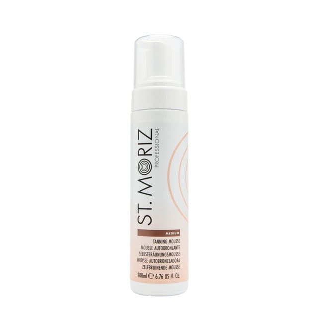 St Moriz Professional Instant Self Tanning Mousse Medium in a white pump bottle with clear cap, featuring beige and brown label with multilingual text, providing a fast-drying, streak-free sunless tanning mousse for medium bronze colour and healthy glowing skin.