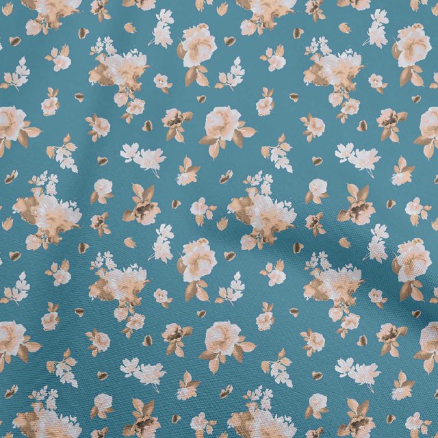 oneOone Polyester Spandex Teal Blue Fabric Florals Sewing Material Print Fabric By The Yard 56 Inch Wide