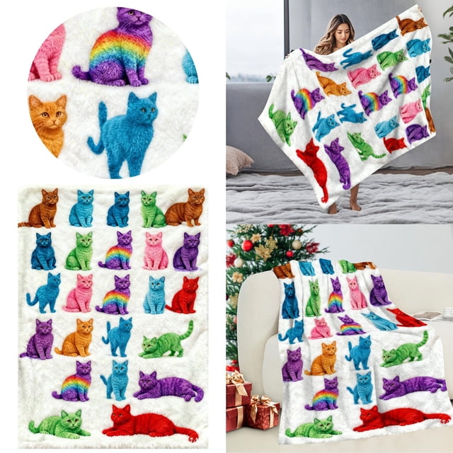 Cozy Flannel Cat Pattern Decorative Throw Blanket for Sofa Bed and Home Warmth Comfort