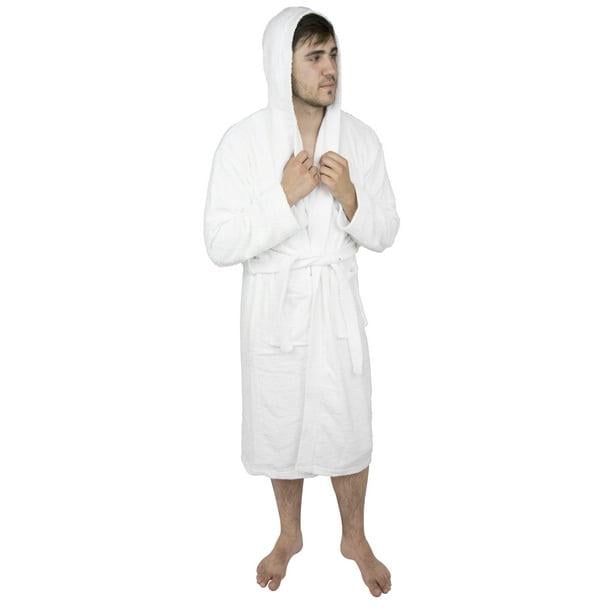 Peignoir Châle à Capuche pour Homme en Coton Éponge 100 % de Luxe, Blanc, avec une texture Douce et Duveteuse. le Peignoir Comprend une Capuche, des Manches Longues et une Ceinture à Nouer pour un Ajustement Réglable. Conçu pour le Confort, Il Convient comme Peignoir de spa Ou Tenue de Détente, Offrant de la Chaleur en Hiver et de la Détente en Été.