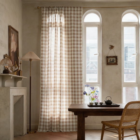 Woven Curtain Semi Sheer Light Blocking 63x55 Inch Curtain Panel Polyester Drapes for Living Room Bedroom Balcony Window Treatment One Panel