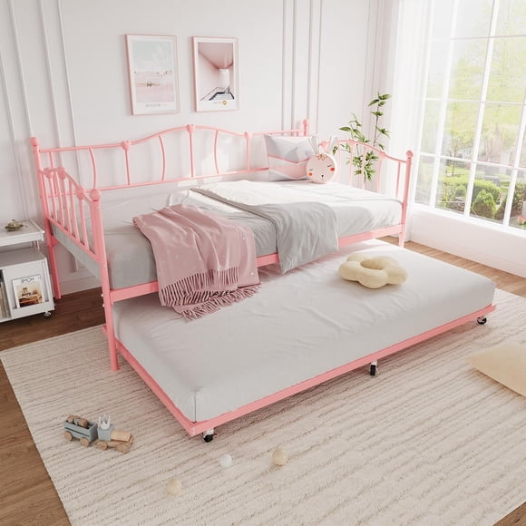 Lit de Jour Simple en Métal avec Lit Gigogne, Lit de Jour Format Simple avec Lit Gigogne Coulissant et Tête de Lit, Cadre de Canapé-Lit en Métal avec Lattes en Acier pour Salon, Chambre, Aucun Sommier Requis, Rose