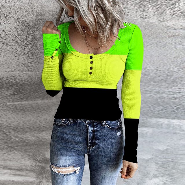 Birdeem Women Casual Long Sleeve Color Match Printing Button Round Neck T-Shirt Blouse Tops