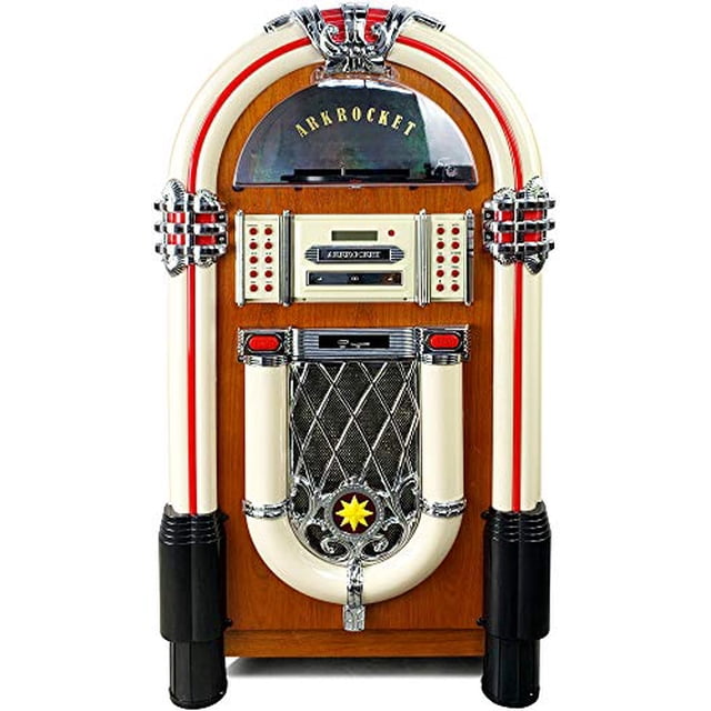 Arkrocket Taurus Jukebox Tourne-Disque Vinyle Bluetooth USB Lecteur CD Radio Rétro Classic Jukebox, un Système audio Rétro de 42 Pouces Inspiré des Dîners Américains des Années 1950. Comprend un Tourne-Disque à Courroie avec Arrêt Automatique, Lecteur CD Compatible MP3, port USB, Fente SD, Radio FM avec Mémoire pour 20 stations, et Bluetooth 4.0 pour Lecture Sans Fil. Idéal pour le Divertissement à la Maison, Il Offre Aussi une Entrée AUX et une Sortie Ligne RCA pour une Connectivité Polyvalente.