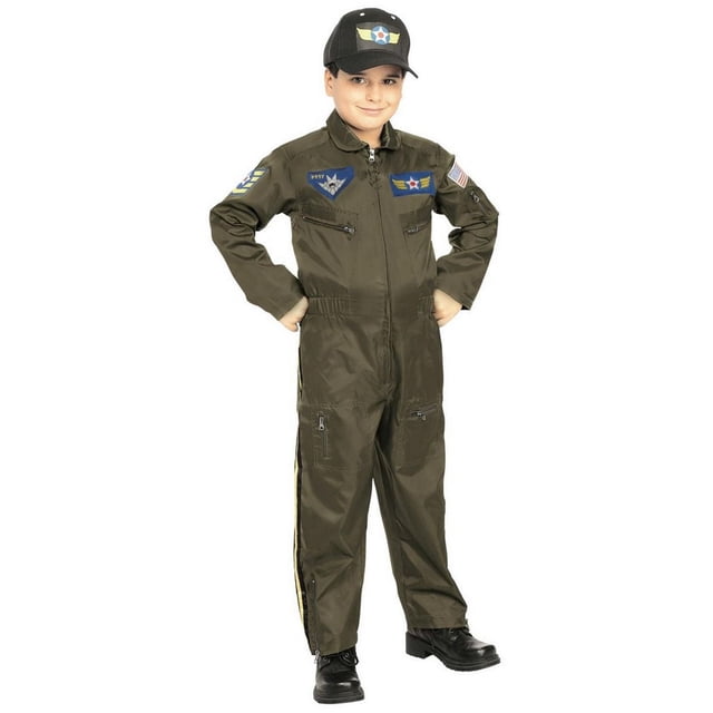 Jr. Fighter Pilot Children's Costume with a front-facing child wearing a medium olive green polyester jumpsuit featuring patriotic patches on chest and sleeves, including an American flag, paired with a matching black pilot hat with star emblem and black boots, suitable for boys' Halloween dress-up.