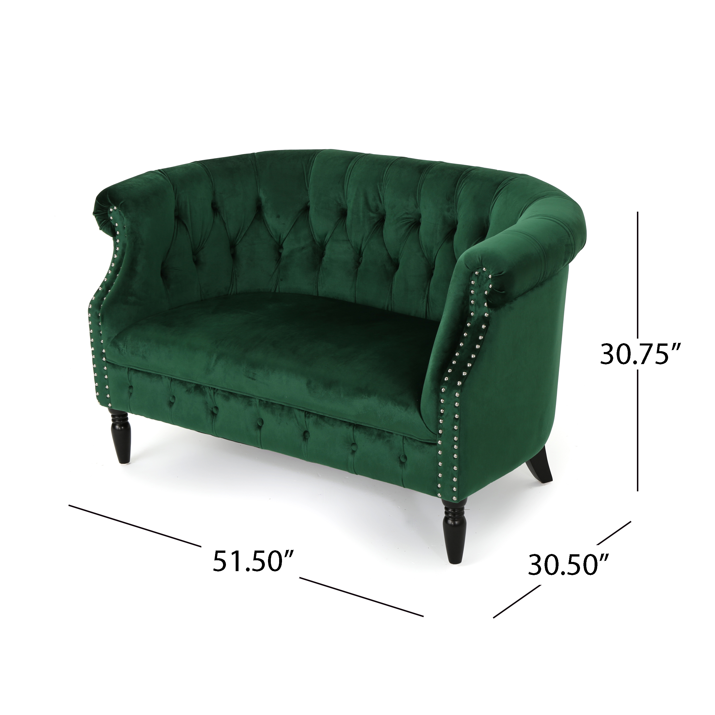 Canapé noble deux places en velours à accoudoirs arrondis, capitonnage en losanges et garniture cloutée argentée, couleur émeraude