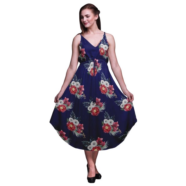 Bimba Robe Midi d'Été à Imprimé Floral pour Femme à Col en V Tenue de Villégiature de Vacances-TP