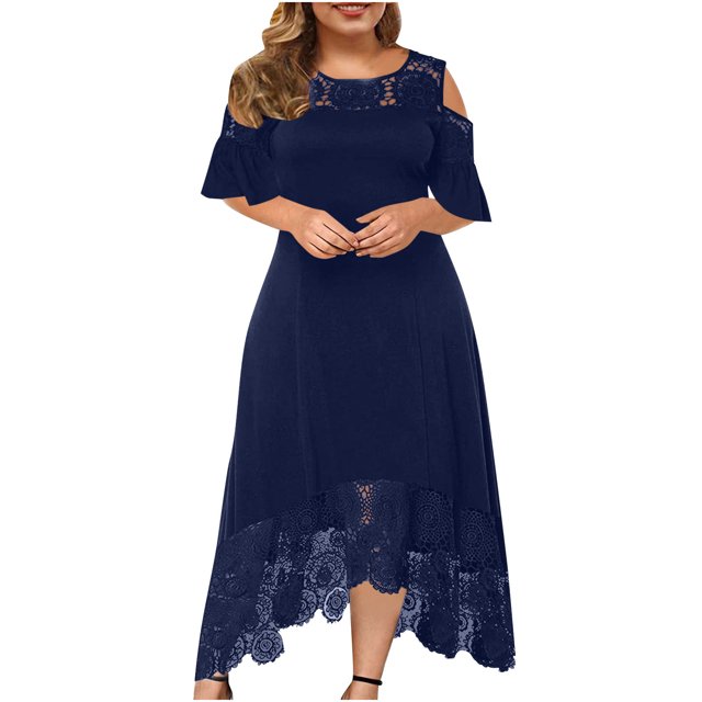 LSLJS Plus Size Women Sexy Ruffle Strapless Splicing Lace Splicing Short Sleeve Dresses, Plus Size Dress