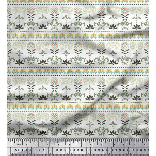 Soimoi Polyester Crepe Fabric Leaves & Floral Block Printed Craft Fabric by The Yard 52 Inch Wide