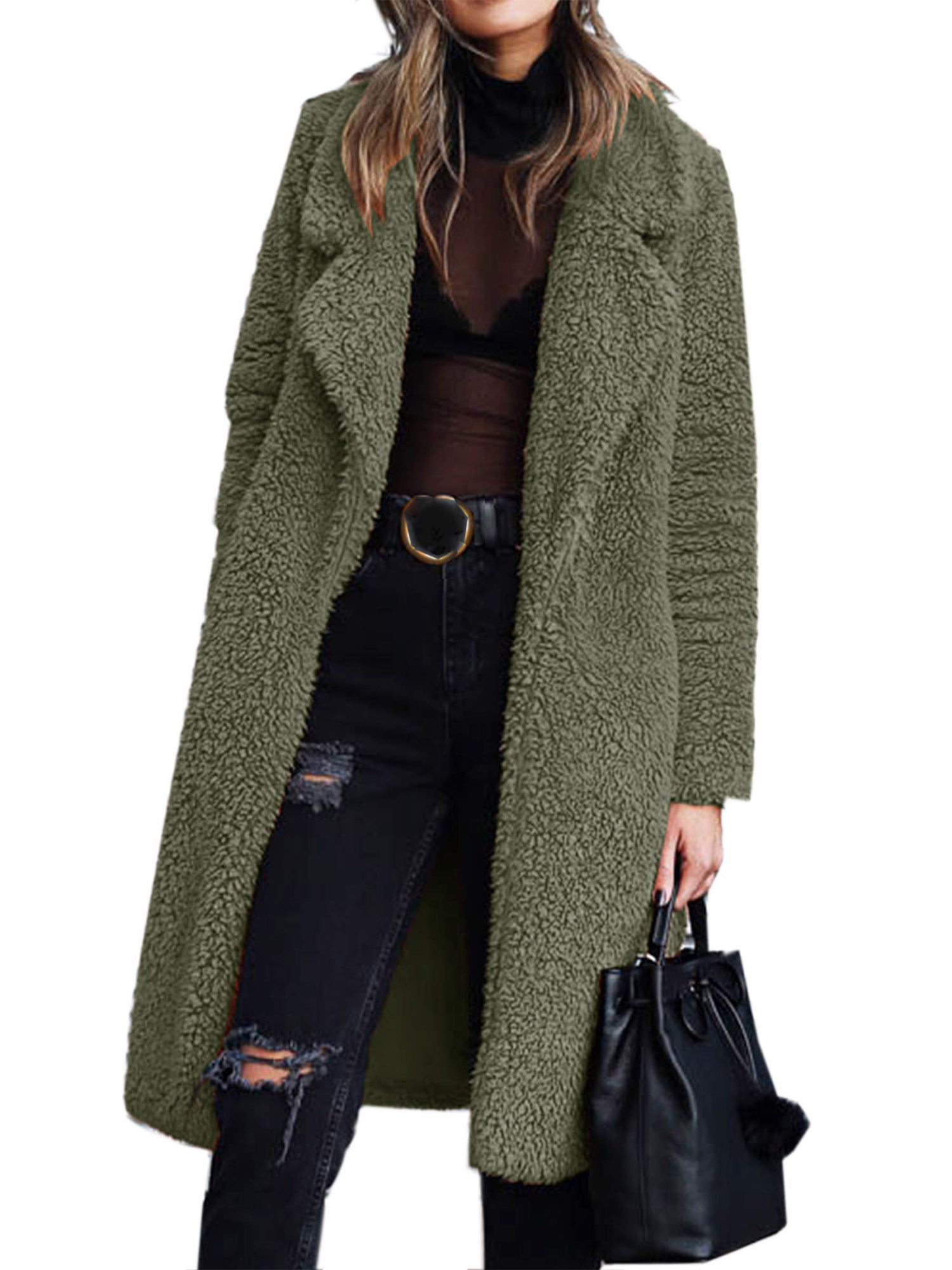 Innerwin Manteau en Polaire Duveteuse pour Femmes, Veste Mi-Longue à Col Rabattu, Vert Armée G