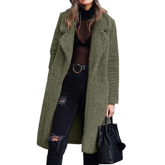 Innerwin Manteau en Polaire Duveteuse pour Femmes, Veste Mi-Longue à Col Rabattu, Vert Armée TG