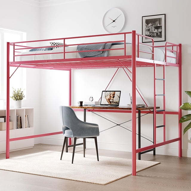 Ktaxon Loft Bed Full Size with Flat Rungs, No Box Spring Required, Heavy Duty Metal Slat Support, White. This full-size loft bed features a durable metal frame with a white finish, safety guardrails, and flat rungs for secure access. It measures 77.95 inches long, 56.22 inches wide, and 67.2 inches high, fitting a full-size mattress and supporting up to 440 lbs. The 55-inch clearance underneath provides space for a desk or storage. Displayed in a contemporary bedroom with a desk and chair beneath the bed.