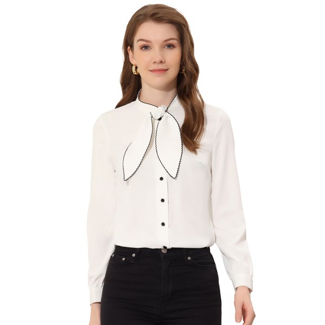 Unique Bargains Chemise Élégante à Manches Longues avec Col Nœud Contrasté pour Femmes Bureau Blanc TP