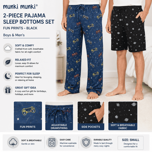 Munki Munki Pyjama Garçons et Hommes Ensemble de Bas de Pyjama 2 Pcs avec Imprimés Amusants - Noir (Petit)