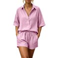 thumbnail image 3 of Cutuo Two Piece Sets for Women Summer Matching Sets, Solid Color Collared V Neck Short Sleeve Button Down Shirt Top and Drawstring Waist Shorts Casual Outfits, 3 of 9