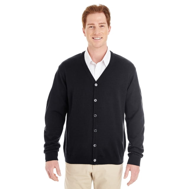 Harriton Men's Pilbloc™ V-Neck Button Cardigan Sweater in black, made from 11.8 oz./yd (400 gsm) 100% acrylic jersey knit with Pilbloc™ anti-pill performance. Features a V-neckline, button-front closure with dyed-to-match buttons, and 1x1 rib knit detailing on the neckline, center front, cuffs, and bottom hem. The sweater is shown worn over a white collared shirt and paired with beige pants.