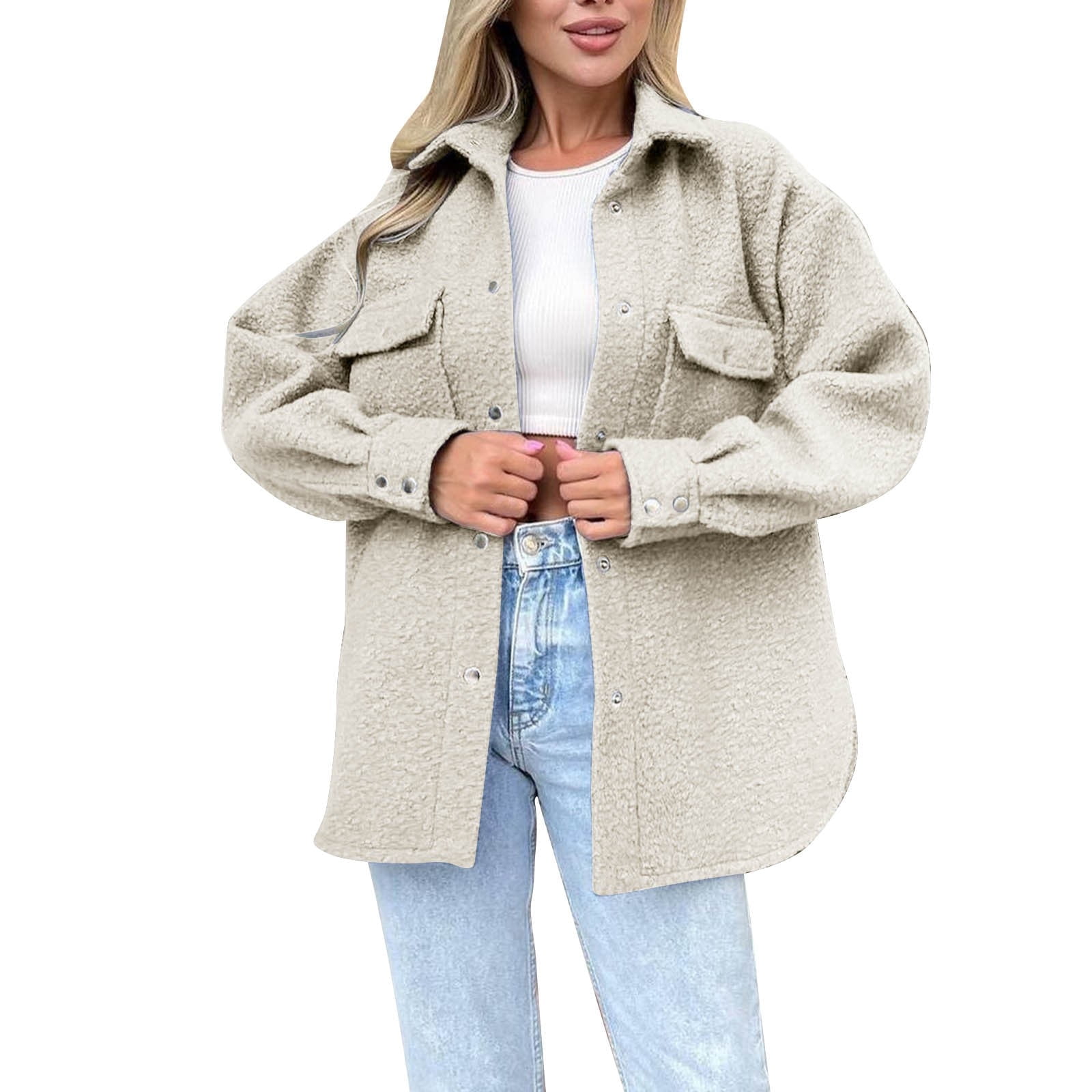 WEIYLL Womens Fleece Jackets Shirt Oversized Button Down Long Shacket Pockets Beige Fall Tops Size M