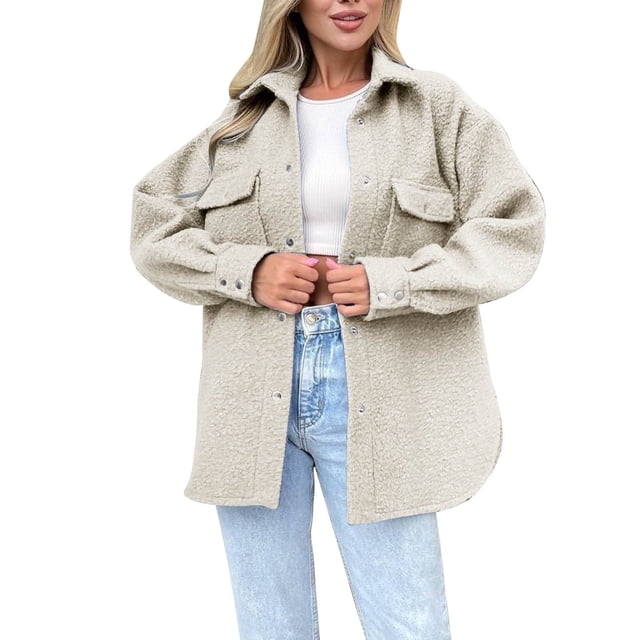 WEIYLL Womens Fleece Jackets Shirt Oversized Button Down Long Shacket Pockets Beige Fall Tops Size M