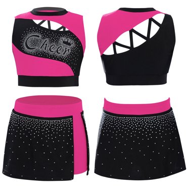 Sinleey Girls Cheerleading Dance Outfits Cheer Uniform Fancy Dress Sparkly Tank Crop Tops with Skirt Sets Hot Pink 8