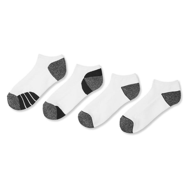Athletic Works Men's Low Cut Socks 4-Pack showing four white rib knit ankle socks with contrast black and grey toes and heels, stretch fit for shoe sizes 7-11, suitable for low-cut shoes and everyday wear, displayed flat on a white background.