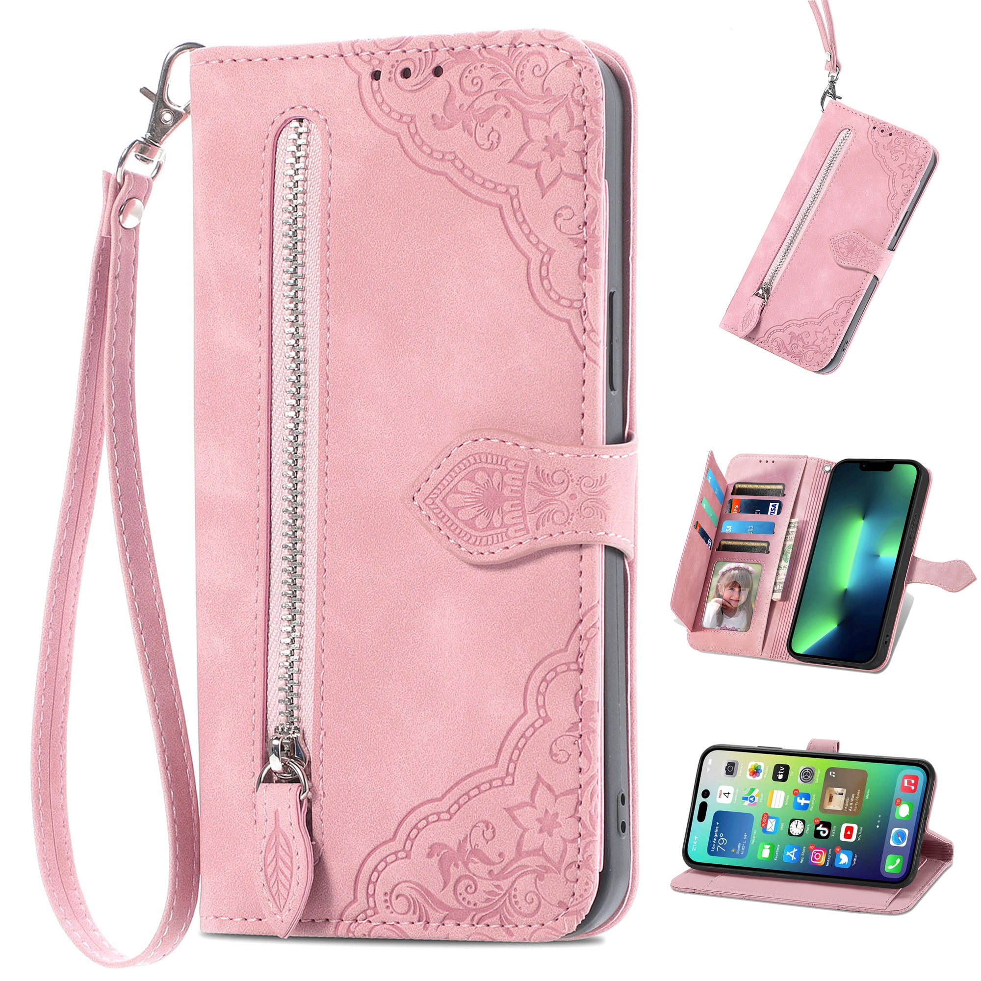 Dteck for Moto G Play 2024 Case, Motorola Moto G Play 2024 Wallet Case for Women Men, PU Leather Magnetic Flip Strap Zipper Card Holder Wallet Phone Case CoverPink