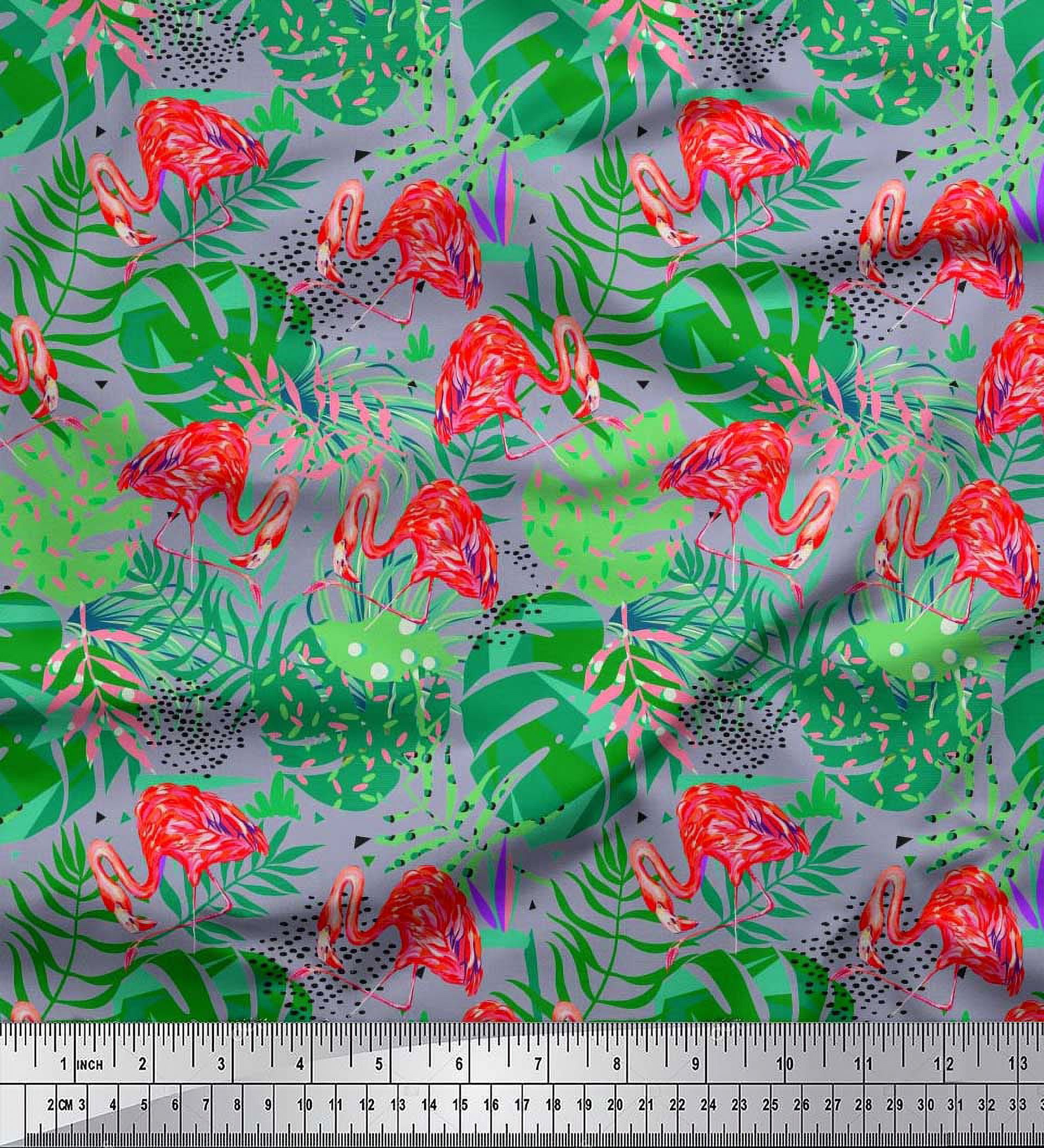 Soimoi Silk Fabric Tropical Leaves & Flamingo Bird Print Fabric by Yard 42 Inch Wide