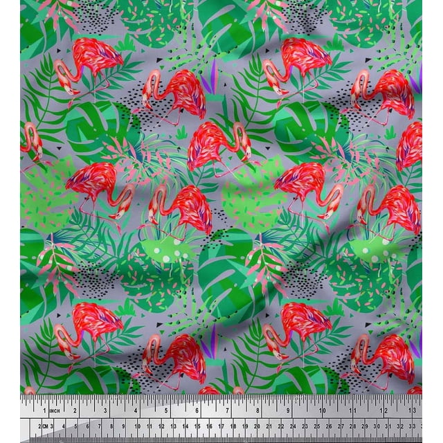 Soimoi Velvet Fabric Tropical Leaves & Flamingo Bird Print Fabric by Yard 58 Inch Wide