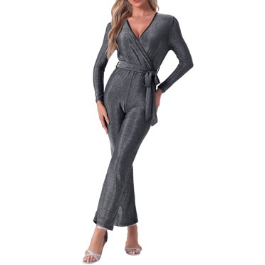 INSPIRE CHIC Combinaisons à Paillettes pour Femmes Manches Longues Profondes Col en V Ceinture Tenue de Fête Boîte de Nuit Combinaison Scintillante Noir Argent G