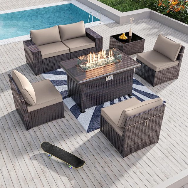 Kullavik 7 Pieces Outdoor Patio Furniture Set with 43" Gas Propane Fire Pit Table PE Wicker Rattan Sectional Sofa Patio Conversation Sets,Sand