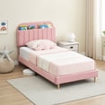 thumbnail image 1 of BeesClover Velvet Platform Bed with Storage Headboard and Bookcase, Upholstered Bed Frame for Kids and Girls, Quiet Design with Strong Wood Slats and Metal Legs, Easy Assembly, 1 of 9