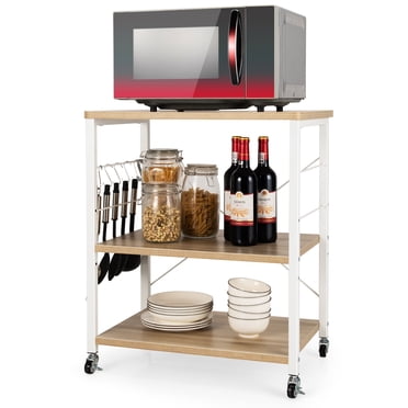 Patiojoy Étagère de Cuisine pour Boulanger Chariot Micro-Ondes à 3 Niveaux avec Roues et 10 Crochets Érable
