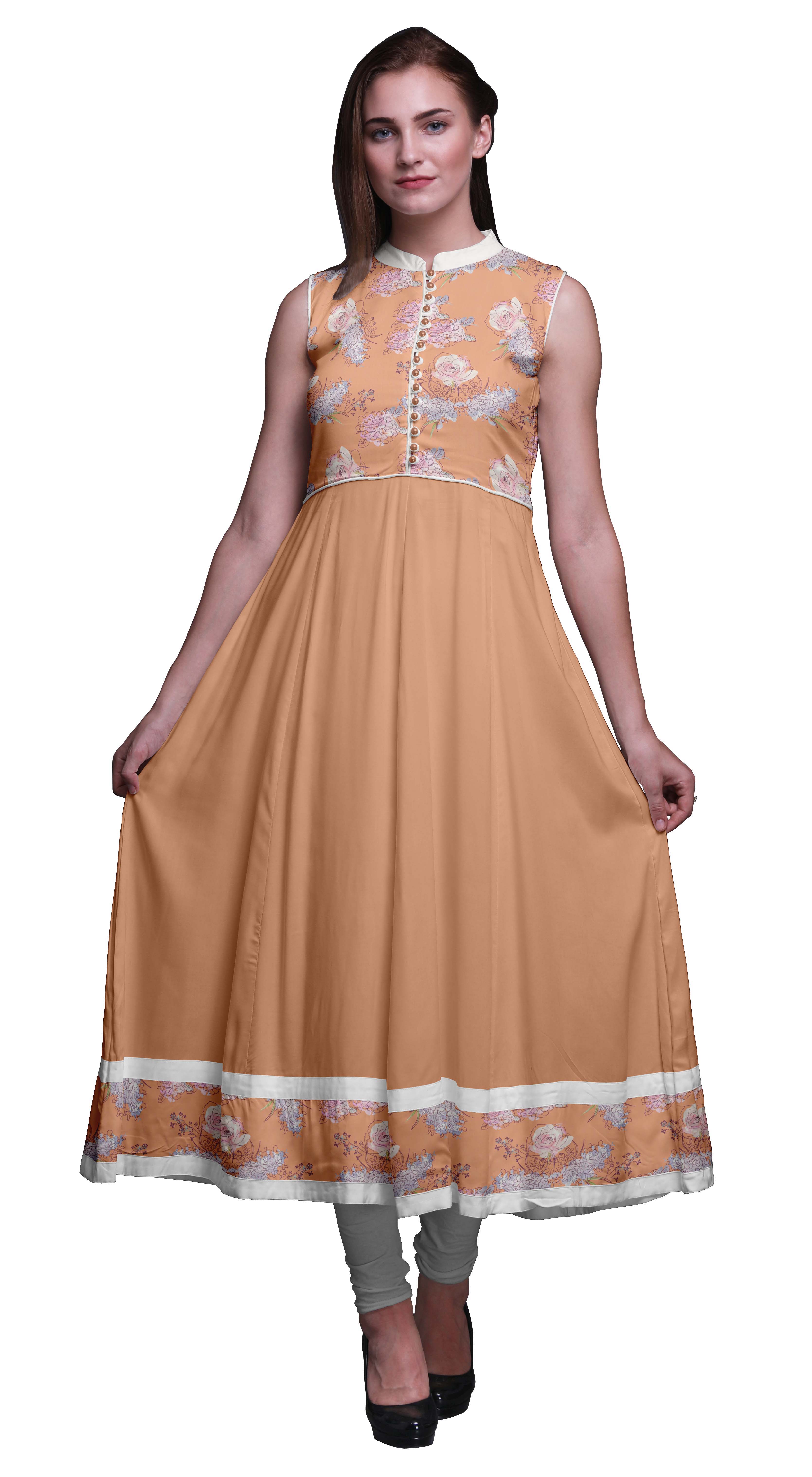 Bimba Kurti Longue Indienne à Fleurs Pêche Pâle pour Femmes Tenue de Fête Imprimée Sans Manches Robe Anarkali Kurti Petite