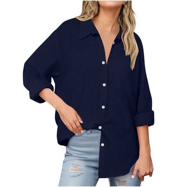Womens Cotton Linen Button Down Shirts Boyfriend Long Sleeve Oversized Lapel Blouses Tops with Chest Pocket