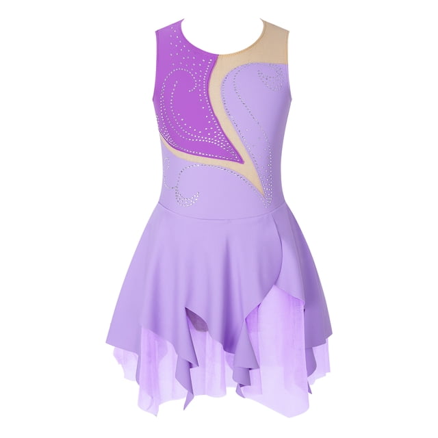 Jhaoyu Robe de Patinage à Glace Sans Manches pour Filles avec Strass Scintillants Robe de Danse Ballet Gymnastique Lavande 8