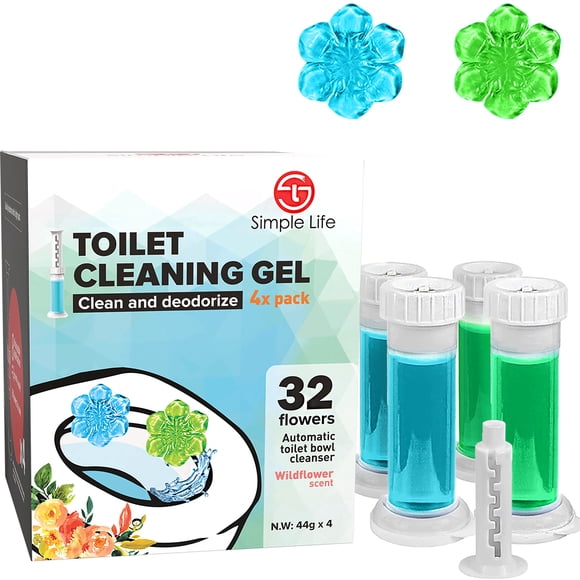 Simple Life Toilet Bowl Cleaner Fresh Flower Gel Stamp Stops Limescale and Stains with Air Freshening Scent Deodorizing Clean Blue & Green 32 Stamps Pack of 4