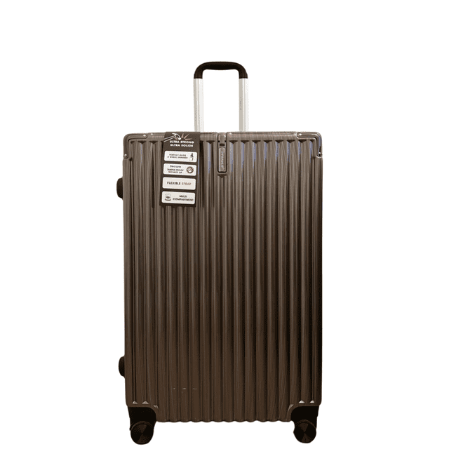 TRAVLR Strokes Medium (25") Hardside Luggage in brown with a textured anti-scratch finish. Features expandable packing space, silent 360° spinner wheels, and a side-mounted TSA lock for secure travel. Includes an ergonomic telescoping handle and a smart interior layout with a full-zip divider, cross straps, and organizational pockets. Designed for durability with ABS+PC materials and tested for real-life travel conditions.
