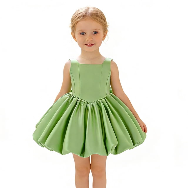HXWCHs Robe Sans Manches Filles Robe de Fête Formelle Nœud Papillon Tutu Robe Sans Manches pour Tout-Petit Concours Performance Vert 9-12 Mois