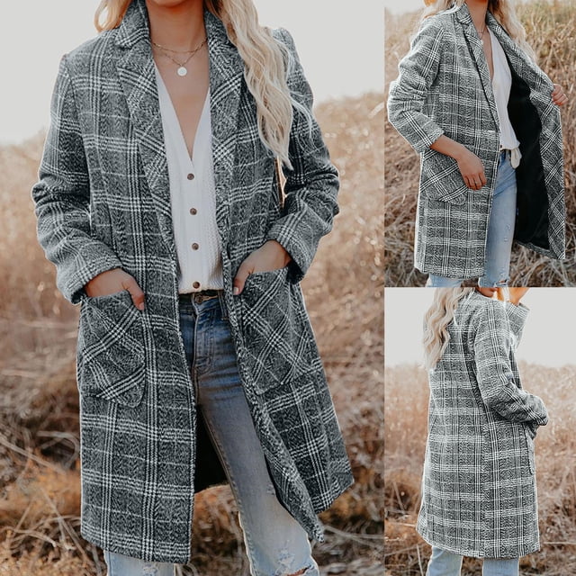 IROINID Veste Mi-Longue Confortable pour Femmes Trench-Coat à Carreaux à Col Cranté Manches Longues, Gris