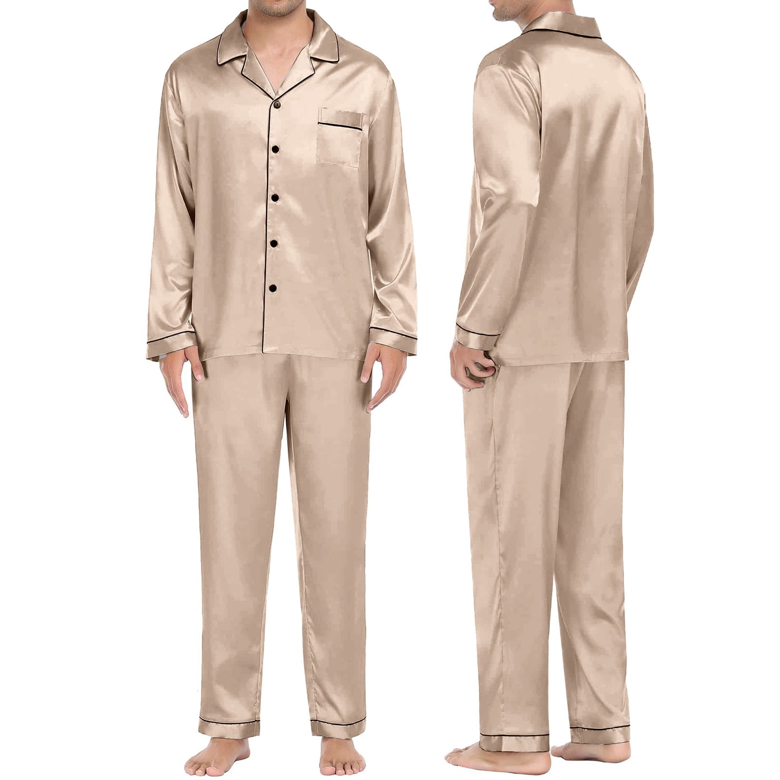 DondPO Womens Pajamas,Silk Pajamas for Women Men's Casual Pyjamas Long Sleeve Blouse Button Silk Satin Two Piece Sleepwear Suit Pant Pyjama Pajama Sets for Women 2 Piece,Pj Sets for Woman Beige M