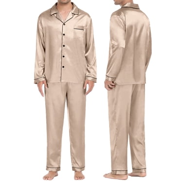 DondPO Womens Pajamas,Silk Pajamas for Women Men's Casual Pyjamas Long Sleeve Blouse Button Silk Satin Two Piece Sleepwear Suit Pant Pyjama Pajama Sets for Women 2 Piece,Pj Sets for Woman Beige XXL